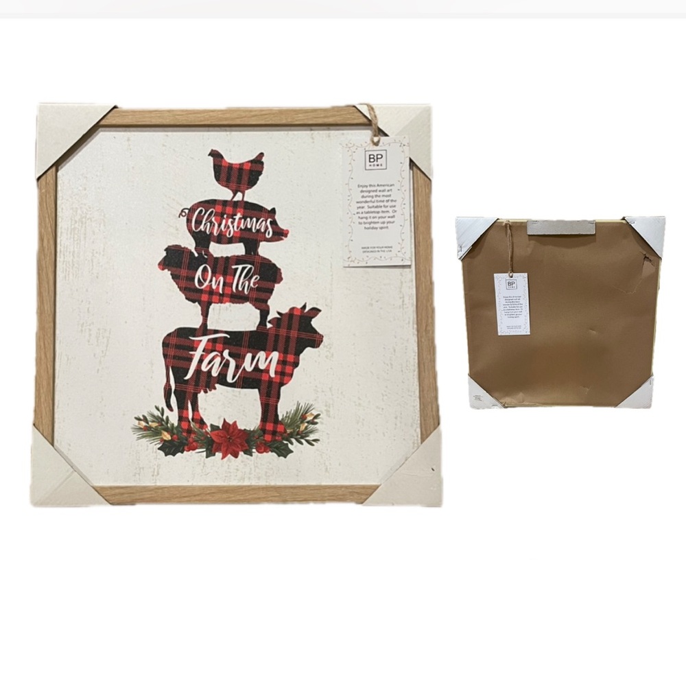 Christmas on the farm wall art framed wood new with tags plaid country animals